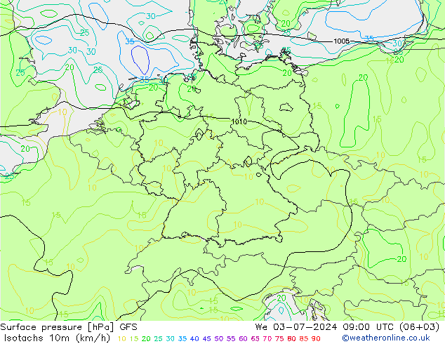 Isotachen (km/h) GFS wo 03.07.2024 09 UTC