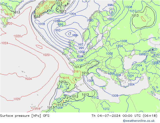地面气压 GFS 星期四 04.07.2024 00 UTC
