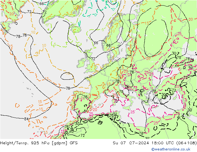 Hoogte/Temp. 925 hPa GFS zo 07.07.2024 18 UTC