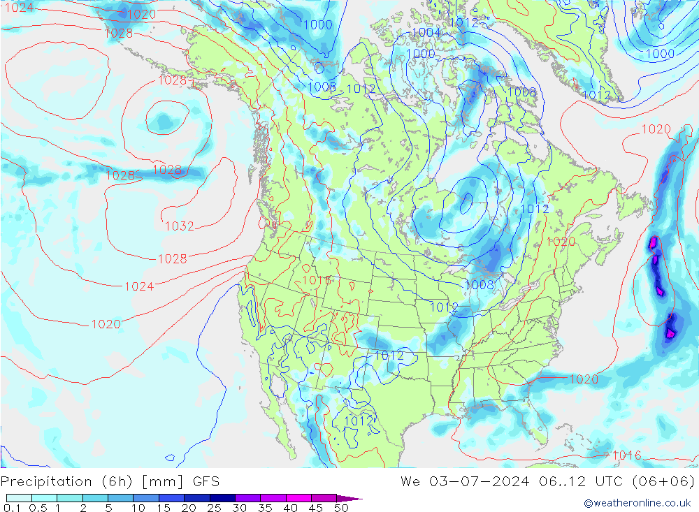 Neerslag 6h/Wind 10m/950 GFS wo 03.07.2024 12 UTC
