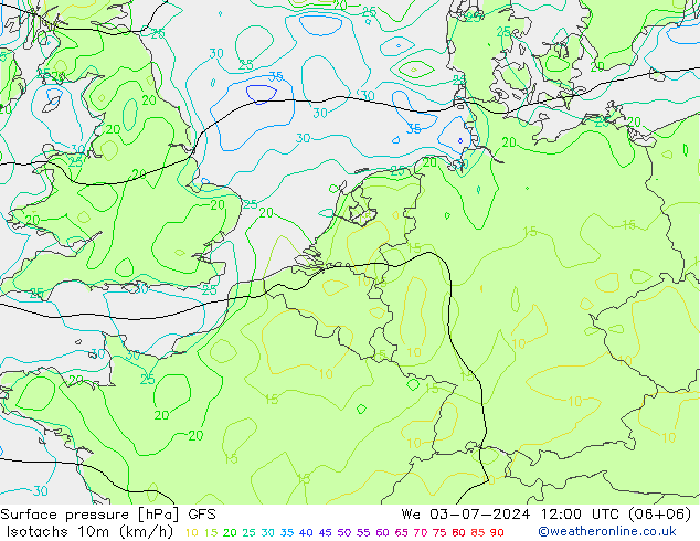 10米等风速线 (kph) GFS 星期三 03.07.2024 12 UTC
