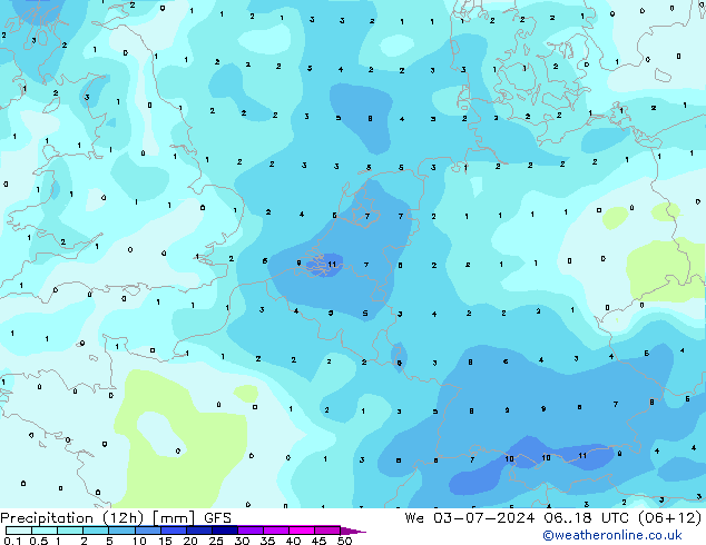 降水量 (12h) GFS 星期三 03.07.2024 18 UTC