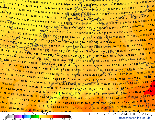 Temperature High (2m) GFS 星期四 04.07.2024 12 UTC