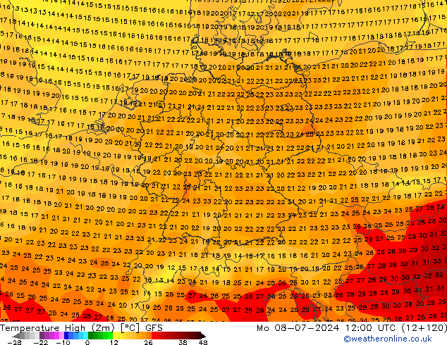 Temperature High (2m) GFS 星期一 08.07.2024 12 UTC