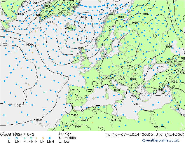 Cloud layer GFS 星期二 16.07.2024 00 UTC