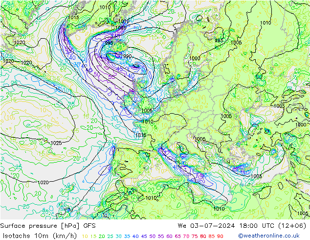 10米等风速线 (kph) GFS 星期三 03.07.2024 18 UTC