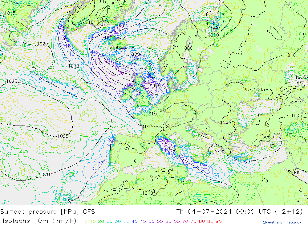 Isotachen (km/h) GFS do 04.07.2024 00 UTC