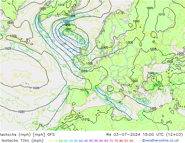 Isotachs (mph) GFS 星期三 03.07.2024 15 UTC