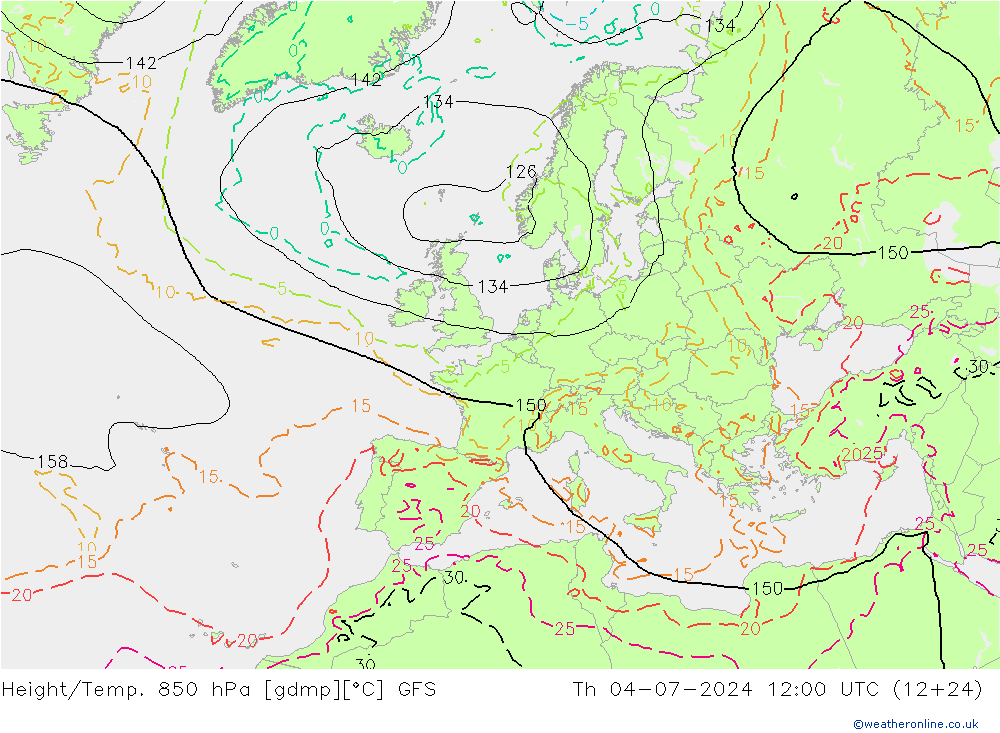 Z500/Rain (+SLP)/Z850 GFS 星期四 04.07.2024 12 UTC