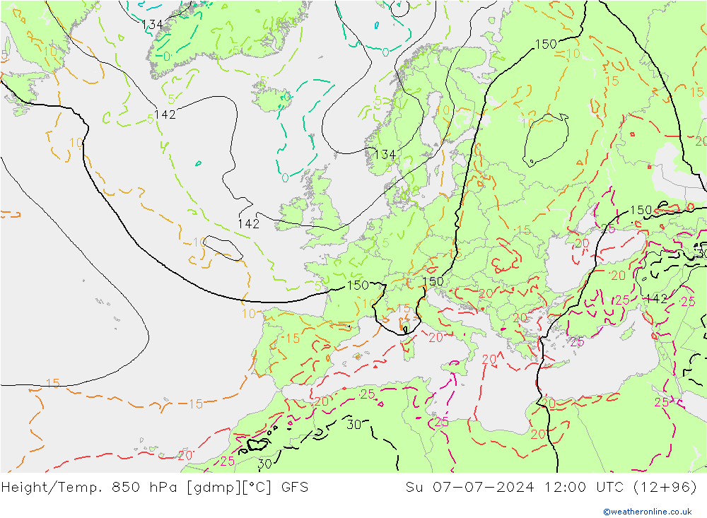 Z500/Regen(+SLP)/Z850 GFS zo 07.07.2024 12 UTC