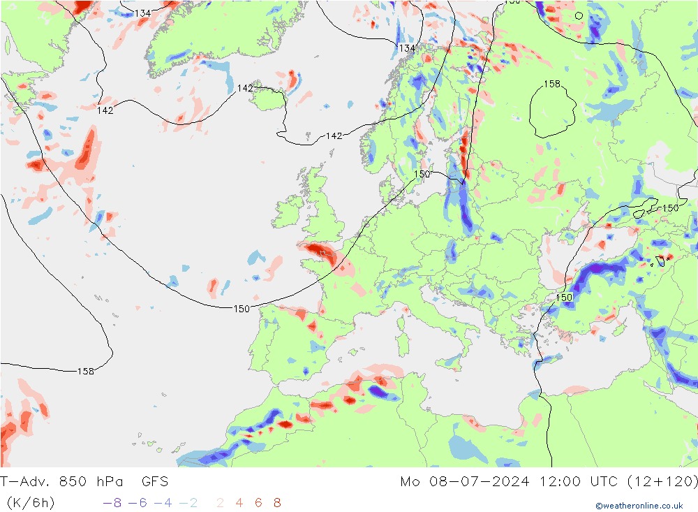 T-Adv. 850 hPa GFS 星期一 08.07.2024 12 UTC