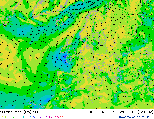 风 10 米 GFS 星期四 11.07.2024 12 UTC
