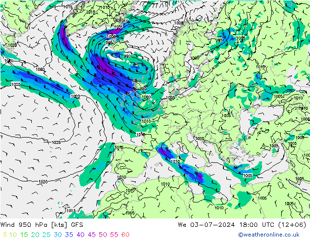 Neerslag 6h/Wind 10m/950 GFS wo 03.07.2024 18 UTC