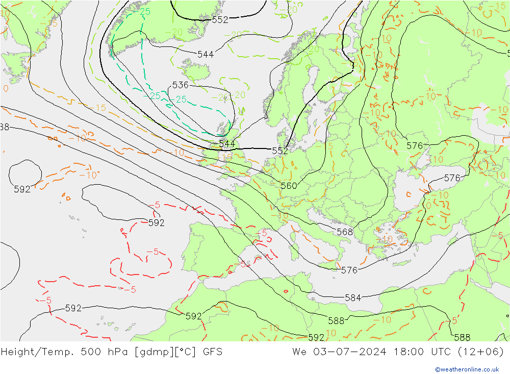 Z500/Rain (+SLP)/Z850 GFS 星期三 03.07.2024 18 UTC