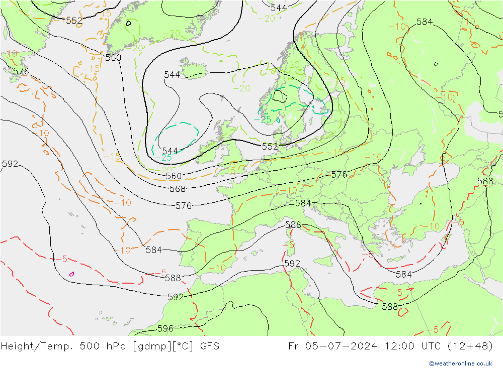Z500/Rain (+SLP)/Z850 GFS 星期五 05.07.2024 12 UTC
