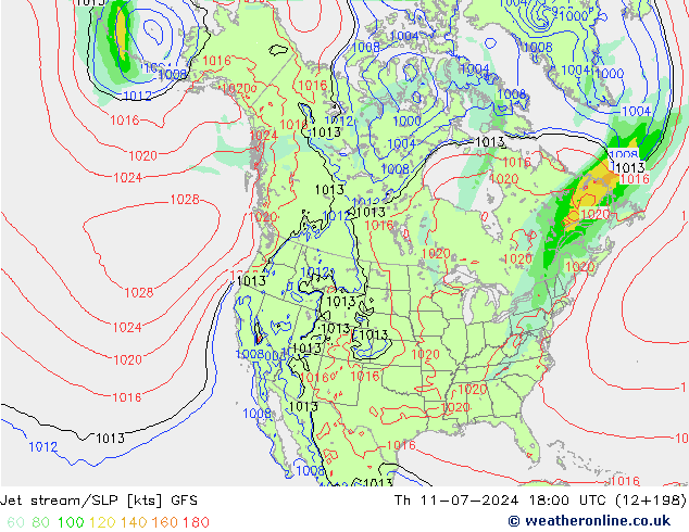高速氣流/地面气压 GFS 星期四 11.07.2024 18 UTC