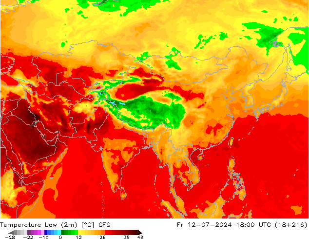 Min.temperatuur (2m) GFS vr 12.07.2024 18 UTC