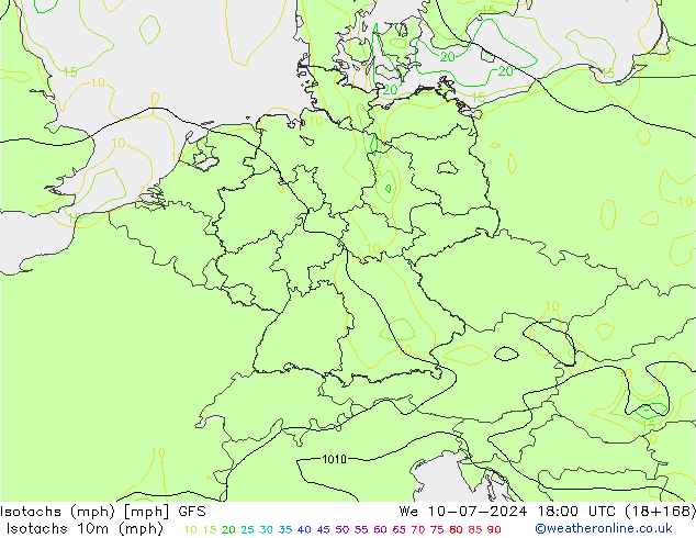 Isotachs (mph) GFS 星期三 10.07.2024 18 UTC