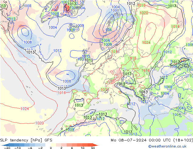 Druktendens (+/-) GFS ma 08.07.2024 00 UTC