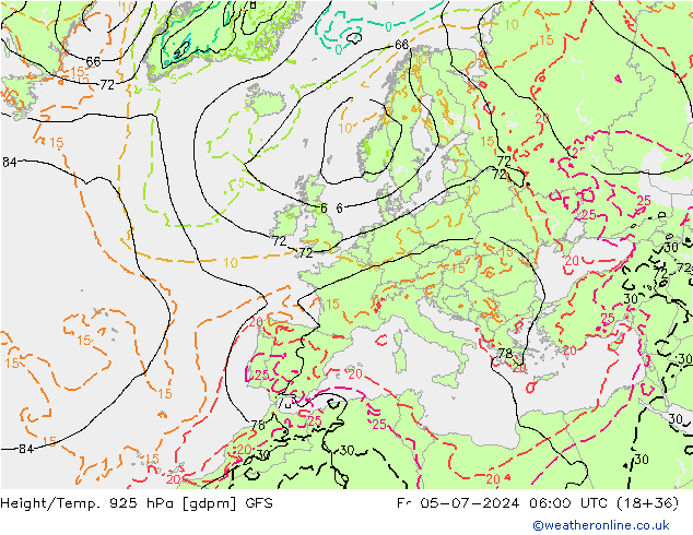 Hoogte/Temp. 925 hPa GFS vr 05.07.2024 06 UTC