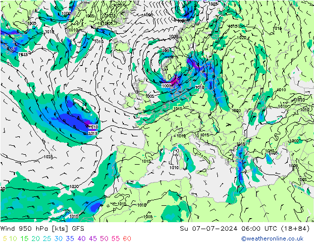 风 950 hPa GFS 星期日 07.07.2024 06 UTC