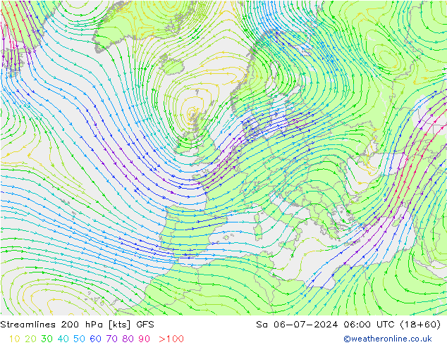 风 200 hPa GFS 星期六 06.07.2024 06 UTC