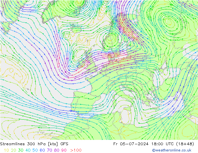 风 300 hPa GFS 星期五 05.07.2024 18 UTC