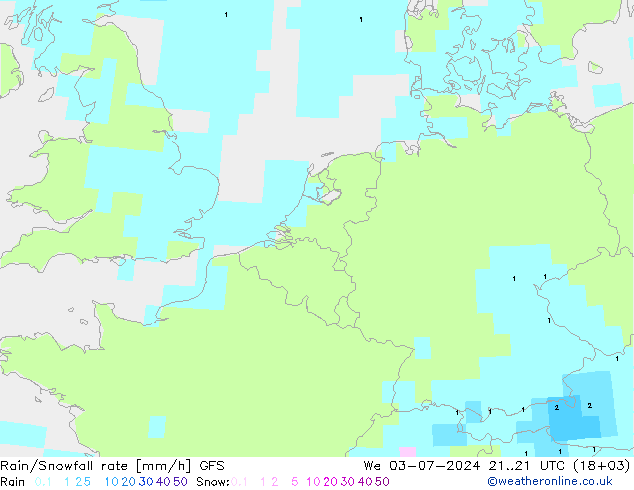 Rain/Snowfall rate GFS 星期三 03.07.2024 21 UTC