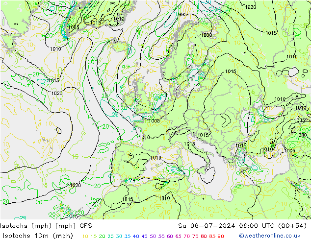 Isotachen (mph) GFS za 06.07.2024 06 UTC