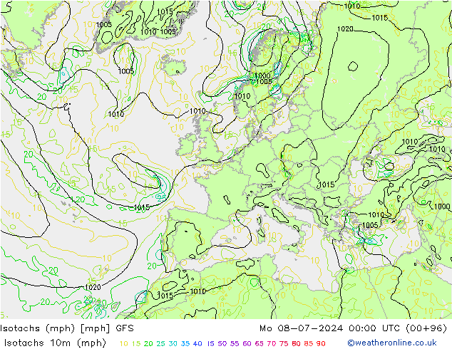 Isotachen (mph) GFS ma 08.07.2024 00 UTC