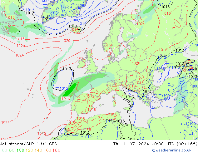 高速氣流/地面气压 GFS 星期四 11.07.2024 00 UTC
