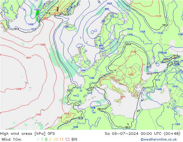 High wind areas GFS 星期六 06.07.2024 00 UTC
