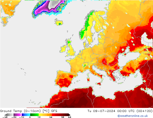 地面最低温度 GFS 星期二 09.07.2024 00 UTC