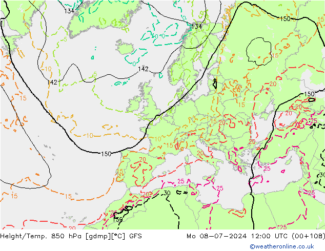 Z500/Rain (+SLP)/Z850 GFS 星期一 08.07.2024 12 UTC