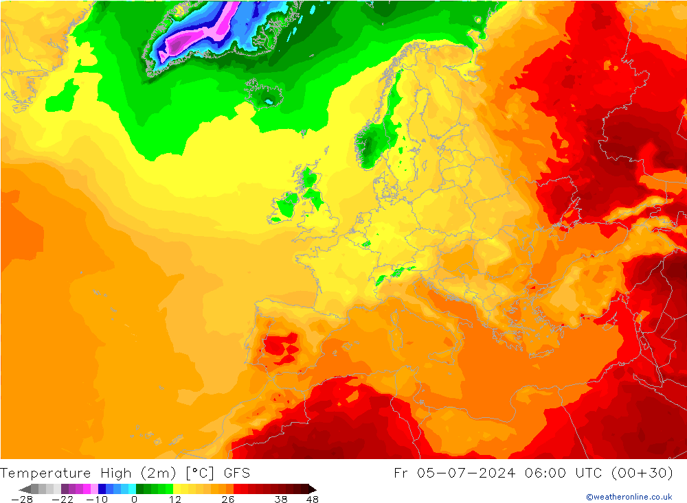 Max.temperatuur (2m) GFS vr 05.07.2024 06 UTC