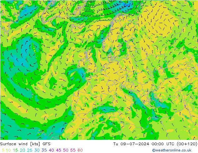 风 10 米 GFS 星期二 09.07.2024 00 UTC