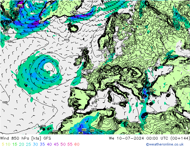风 850 hPa GFS 星期三 10.07.2024 00 UTC