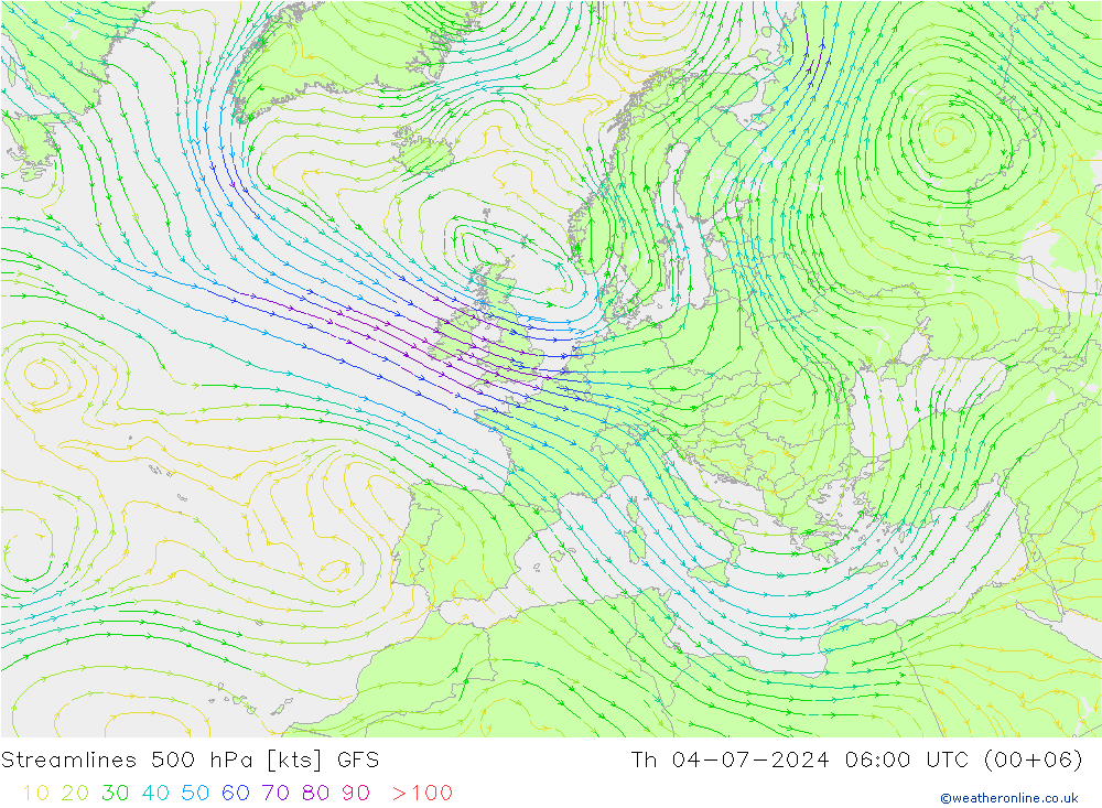 风 500 hPa GFS 星期四 04.07.2024 06 UTC