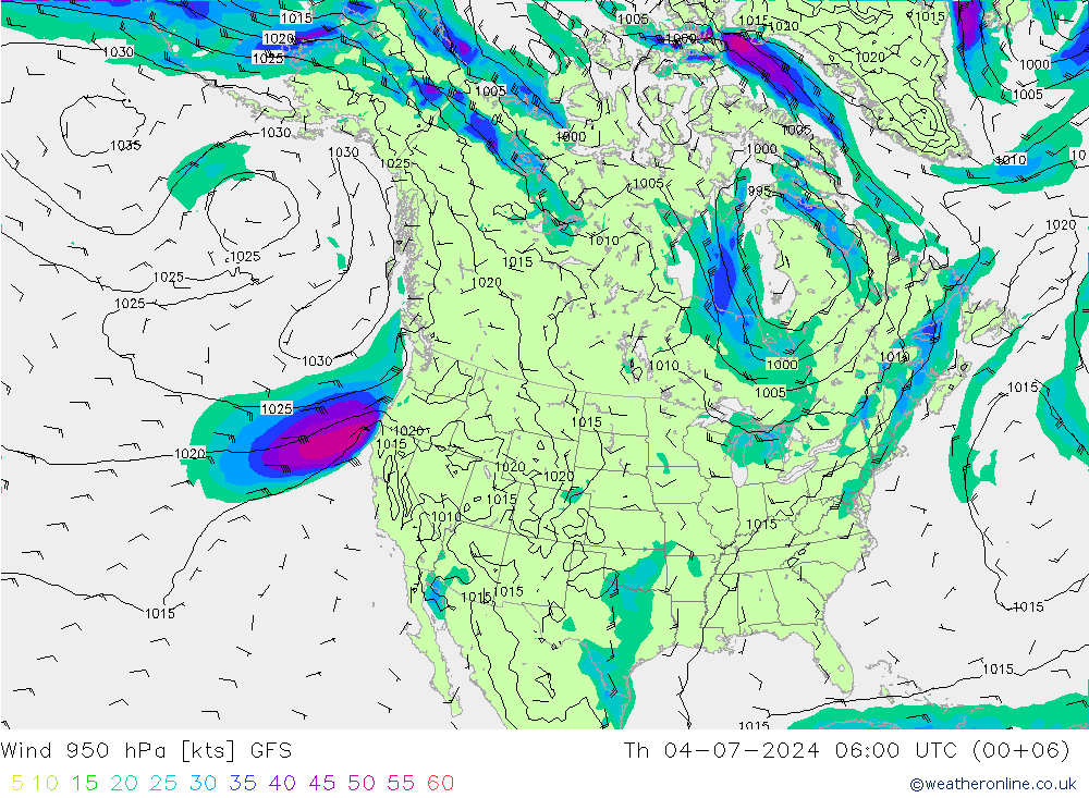 风 950 hPa GFS 星期四 04.07.2024 06 UTC