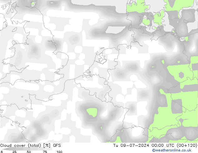 Bewolking (Totaal) GFS di 09.07.2024 00 UTC