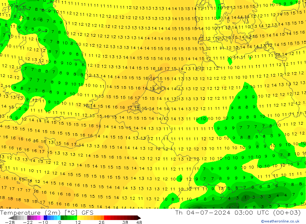 温度图 GFS 星期四 04.07.2024 03 UTC