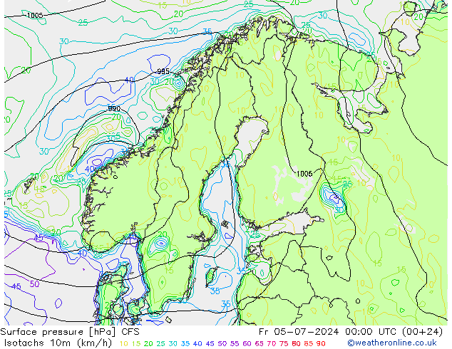 10米等风速线 (kph) GFS 星期五 05.07.2024 00 UTC