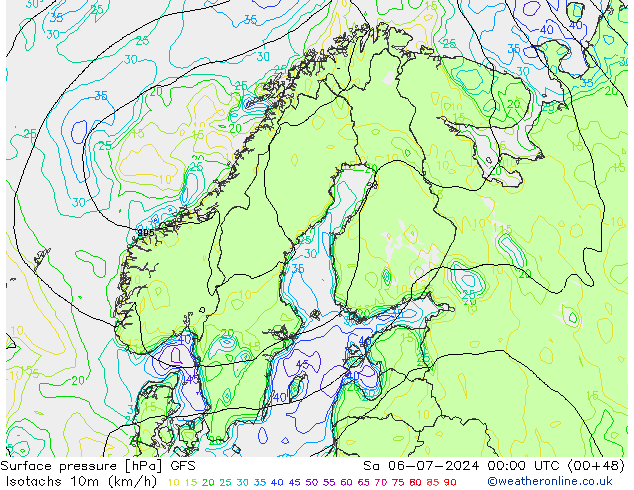 Isotachen (km/h) GFS za 06.07.2024 00 UTC
