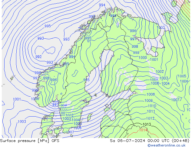 地面气压 GFS 星期六 06.07.2024 00 UTC