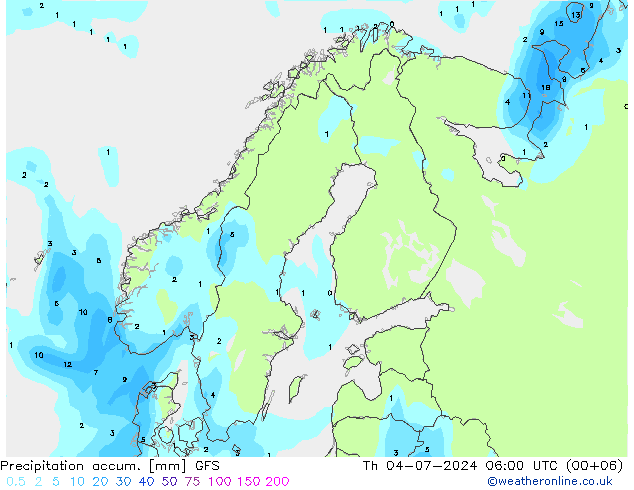 Precipitation accum. GFS 星期四 04.07.2024 06 UTC