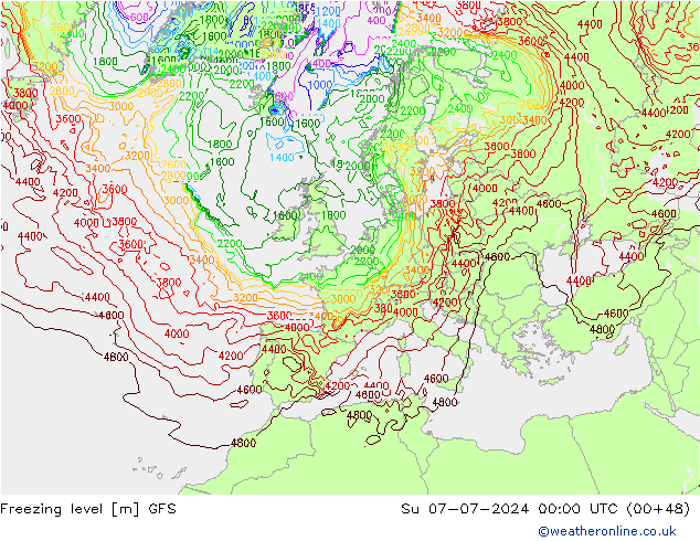 Freezing level GFS 星期日 07.07.2024 00 UTC