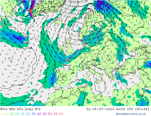Wind 950 hPa GFS za 06.07.2024 00 UTC