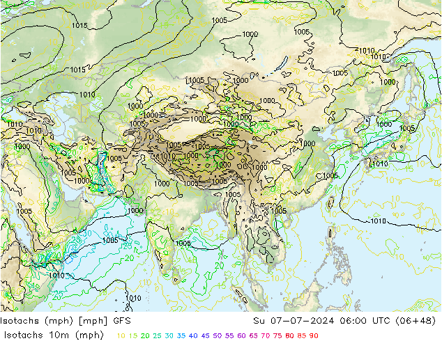 Isotachen (mph) GFS zo 07.07.2024 06 UTC