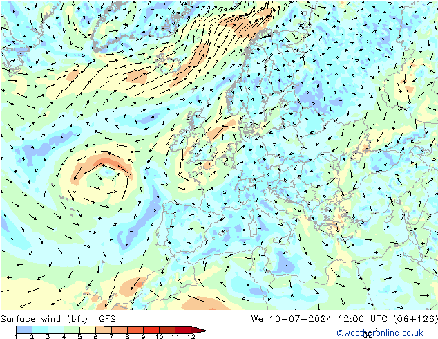Wind 10 m (bft) GFS wo 10.07.2024 12 UTC