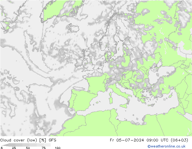 Bewolking (Laag) GFS vr 05.07.2024 09 UTC